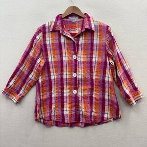 Foxcroft Women’s 8 Crinkle Purple Orange Plaid 3/4 Sleeve Button Up Shirt